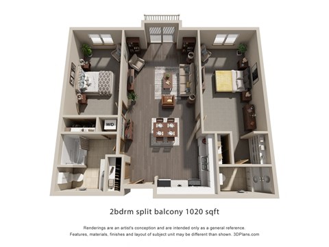 Floor plan for 2 beds, 1.5 baths, 1020 sqft